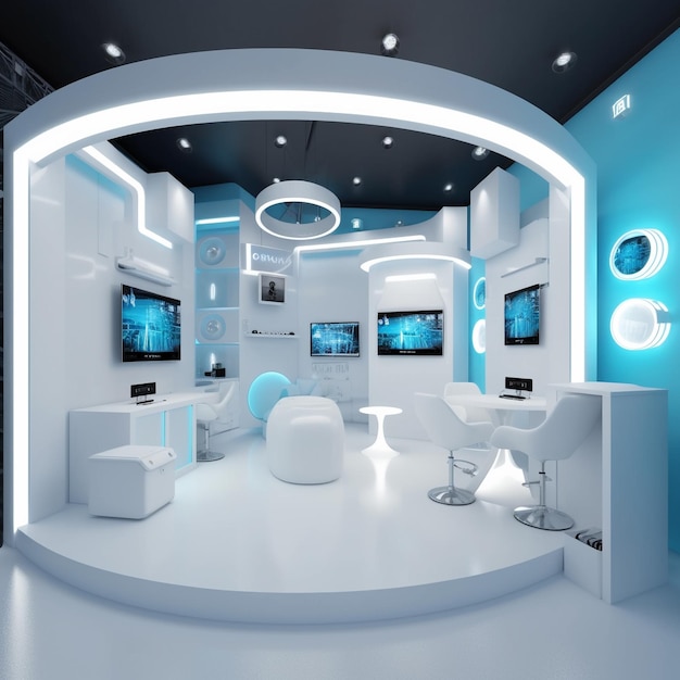Premium AI Image | a room with a blue and white theme with a blue and ...