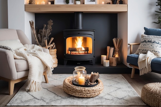Premium AI Image | Scandinavian Hygge Cozy Fireplace with Nordic Comfort