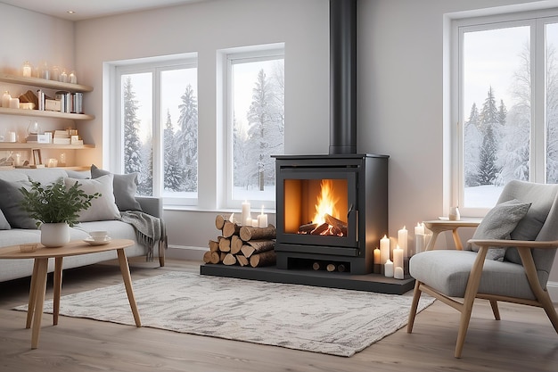 Premium AI Image | Scandinavian Hygge Cozy Fireplace with Nordic Comfort
