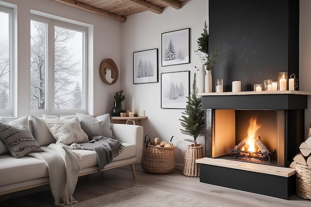Premium Photo | Scandinavian Hygge Cozy Fireplace with Nordic Comfort