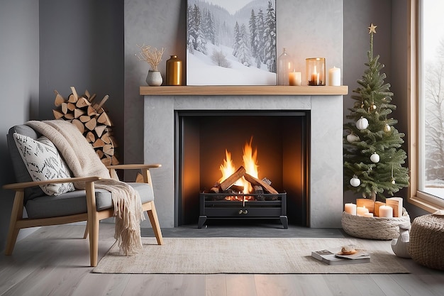 Premium Photo | Scandinavian Hygge Cozy Fireplace with Nordic Decor