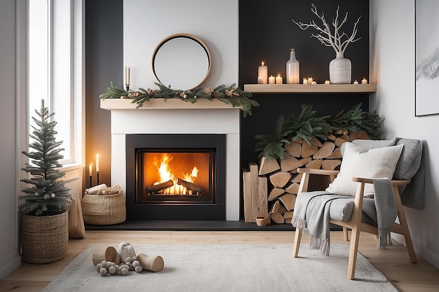 Premium AI Image | Scandinavian Hygge Cozy Fireplace with Nordic Decor