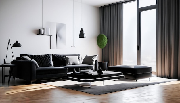 Premium AI Image | Stylish dark living room interior background black ...
