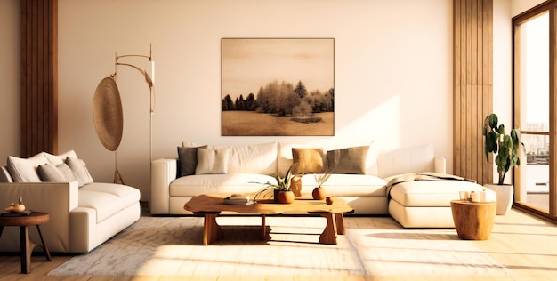 Premium Photo | A white and wood living room