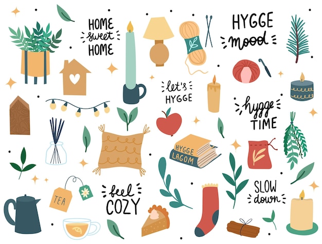 Premium Vector | Set of hygge elements. interior decor scandinavian style.