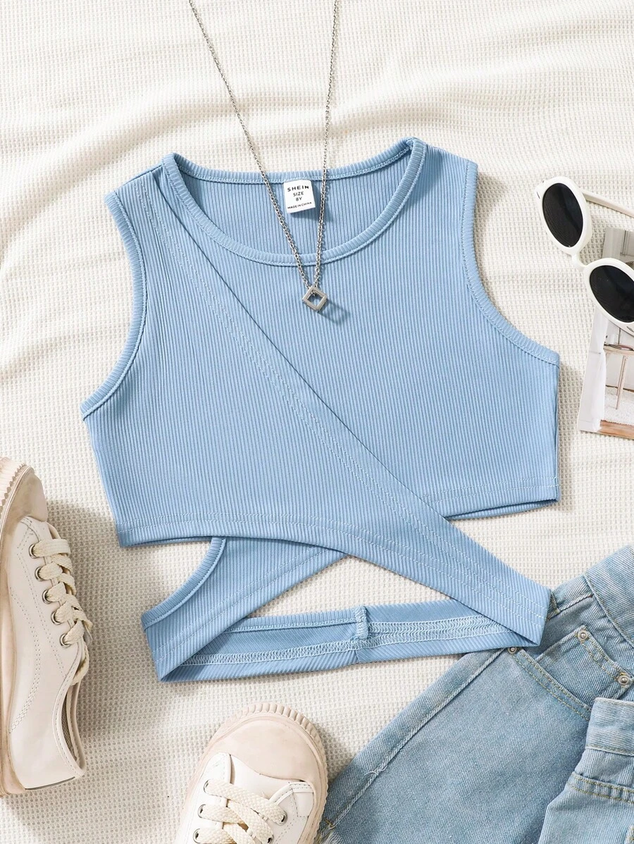 SHEIN Tween Girl Solid Criss Cross Cut Out Tank Top | SHEIN UK