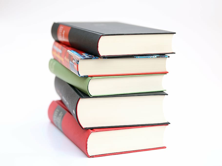 five, pile, books, white, background, education, school, literature ...