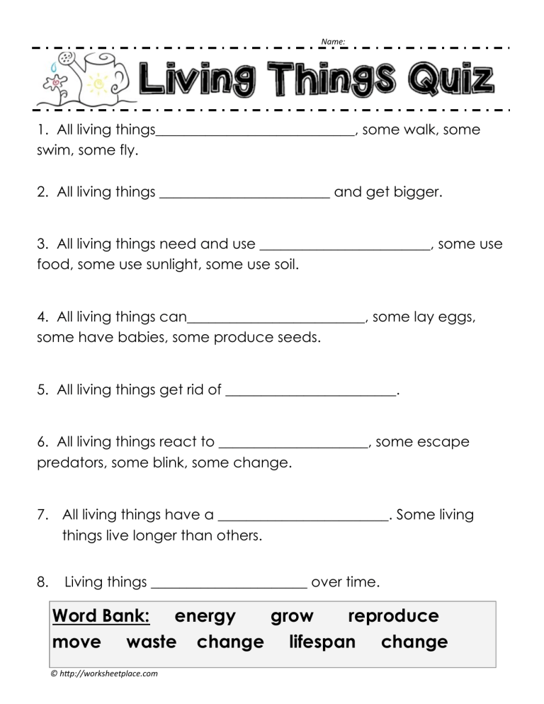 Living Things Quiz: Elementary Science Worksheet
