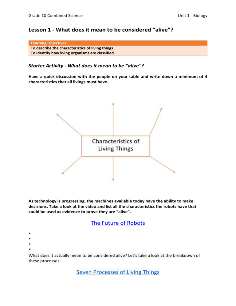 Grade 10 Science: Characteristics of Living Things