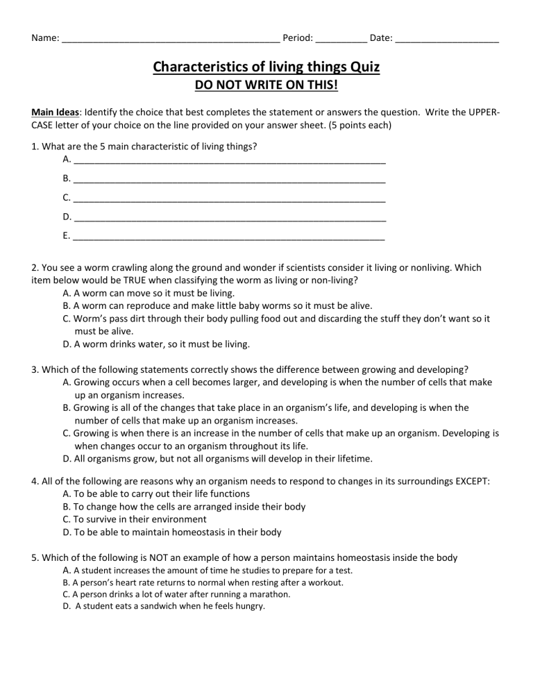 Characteristics of Living Things Quiz
