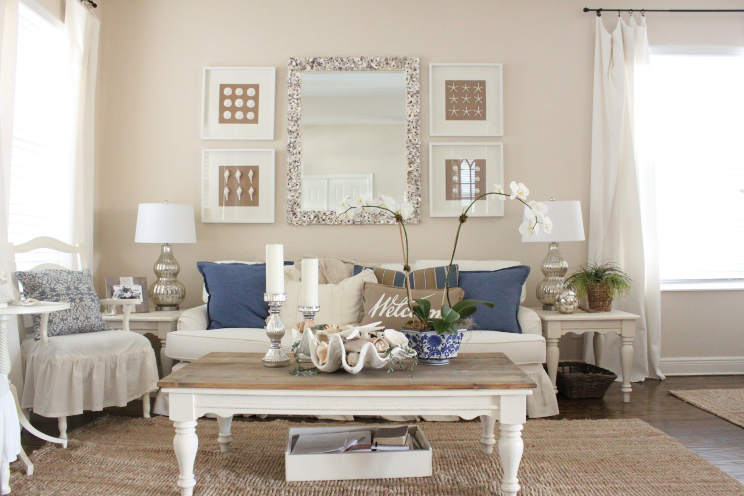 Blue and White Living Room and Dining Room - Starfish Cottage