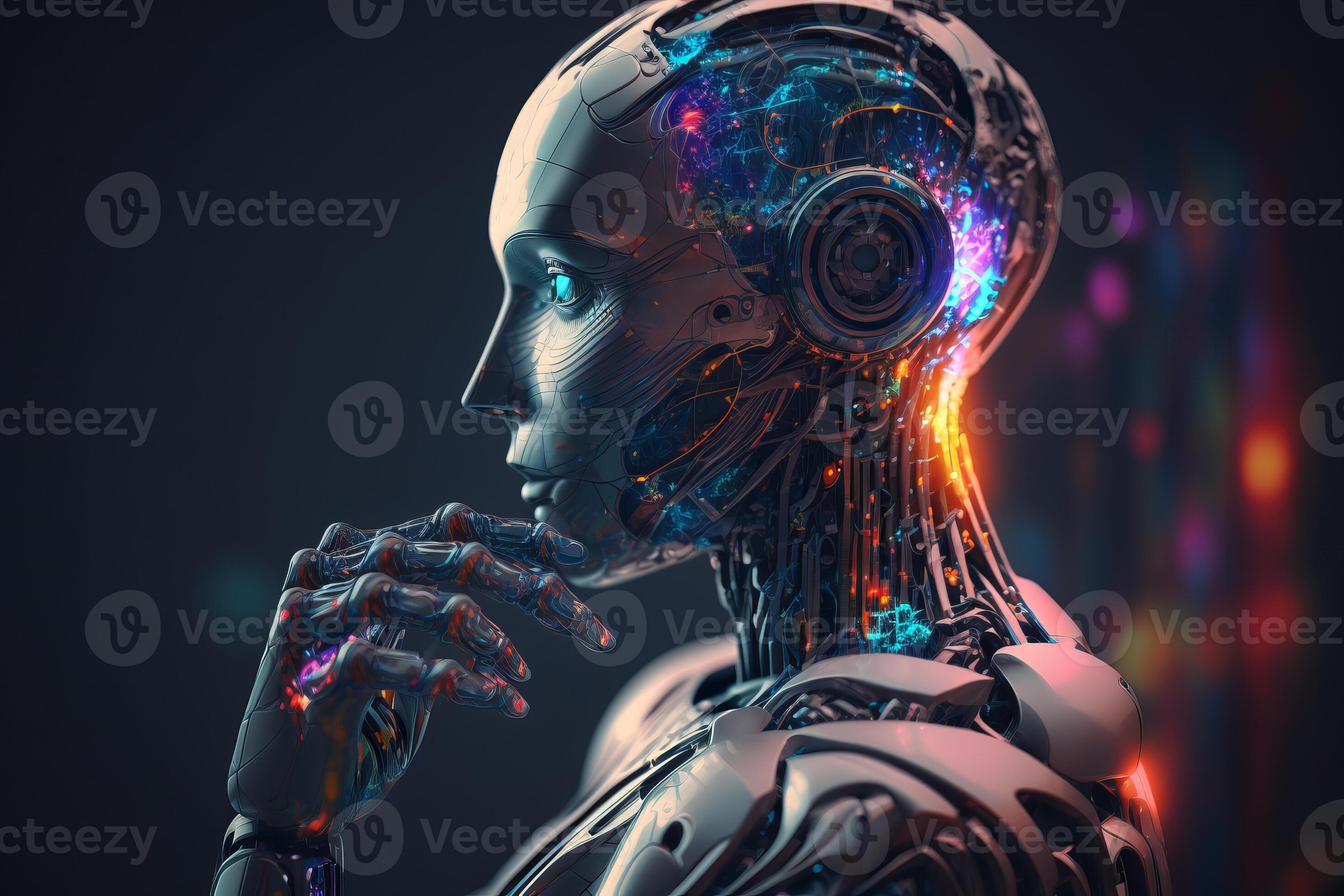 Ai Robot thinking with hand on chin, Artificial intelligence glowing ...