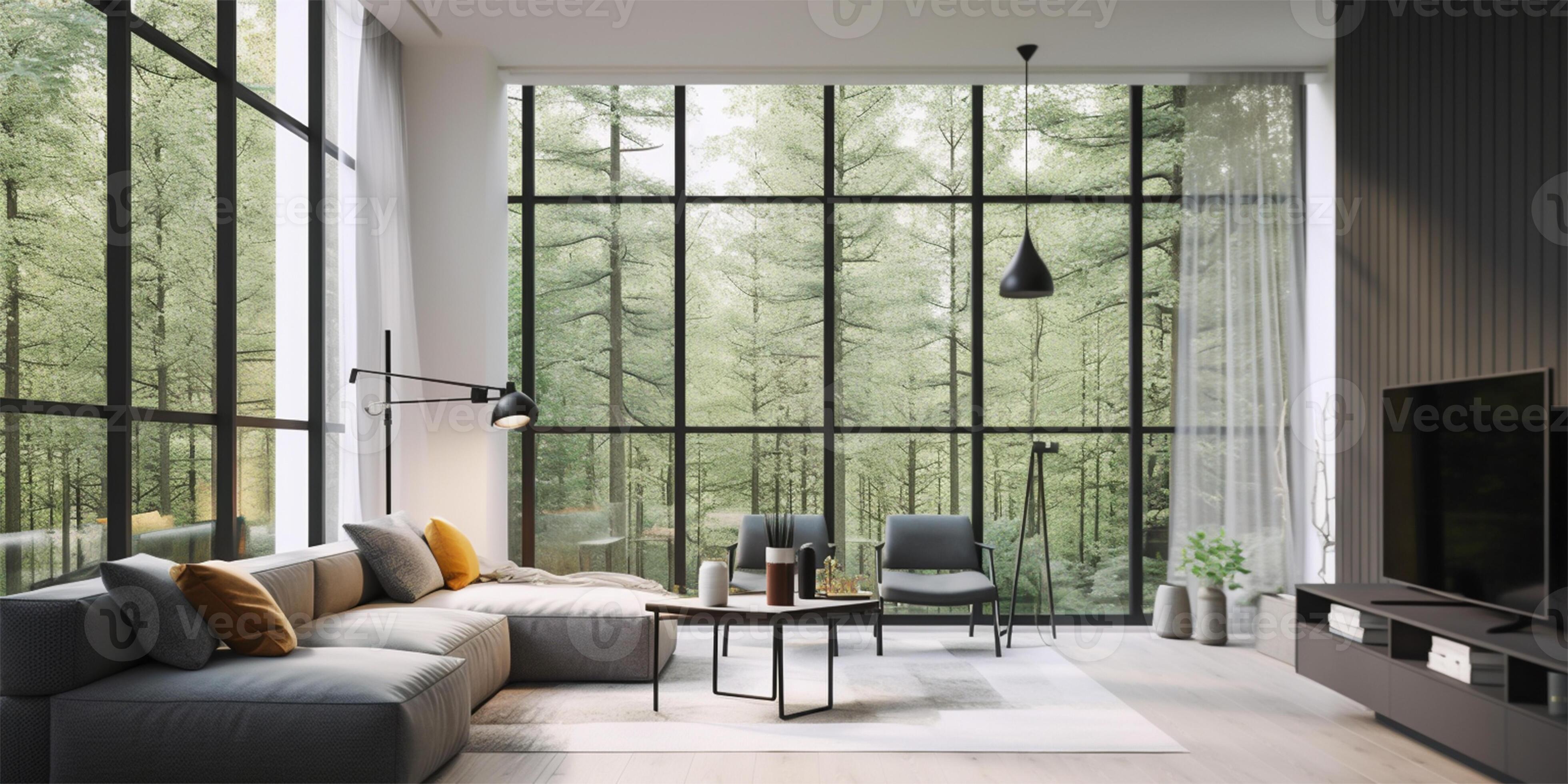 Modern living room interior with big windows. Large bank of windows ...