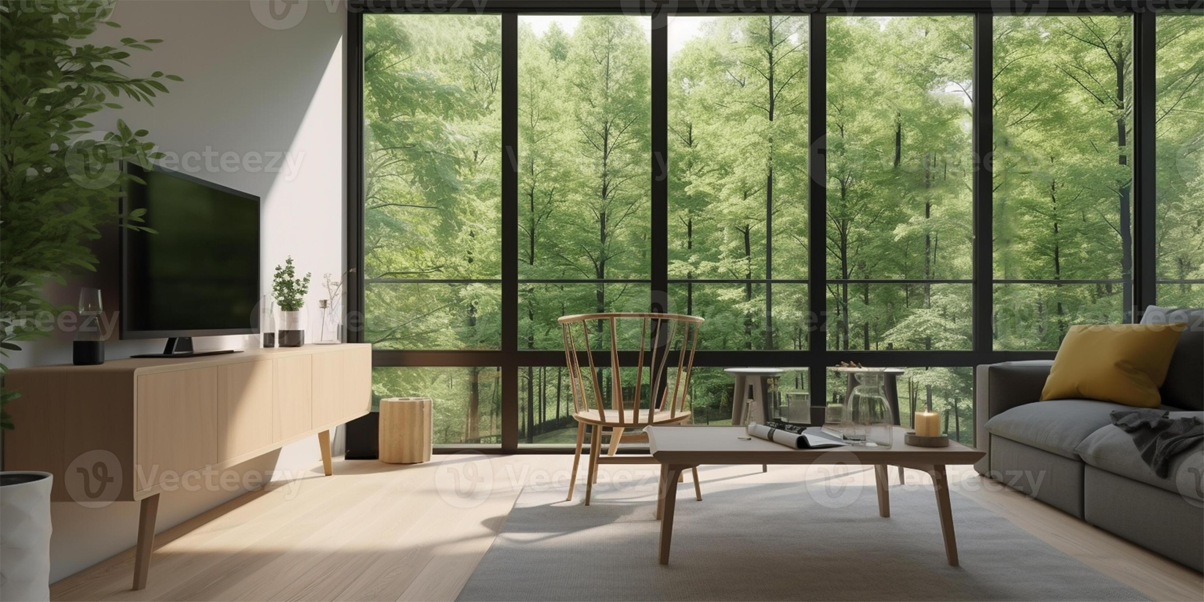 Modern living room interior with big windows. Large bank of windows ...