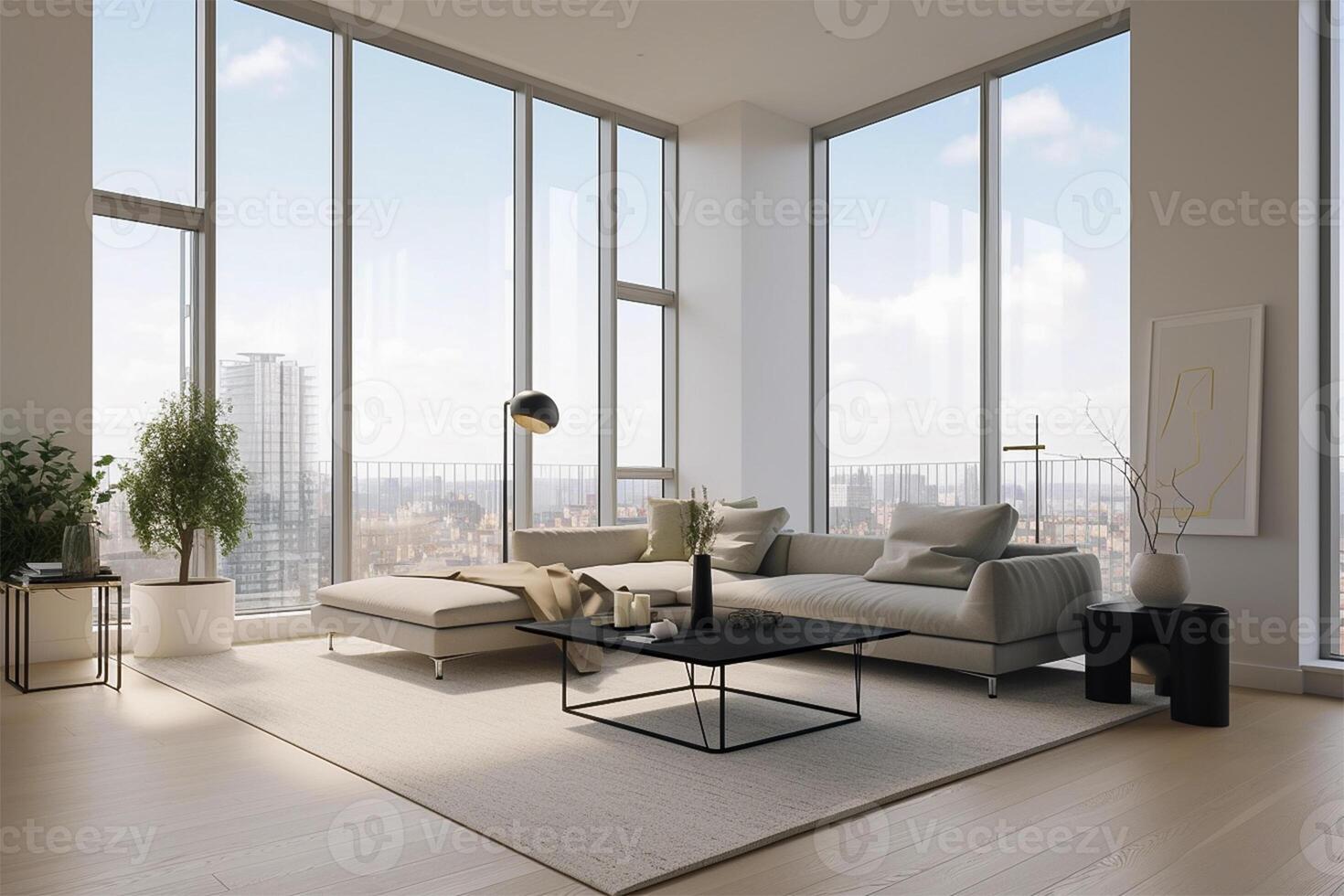 Modern living room interior with big windows. Large bank of windows ...