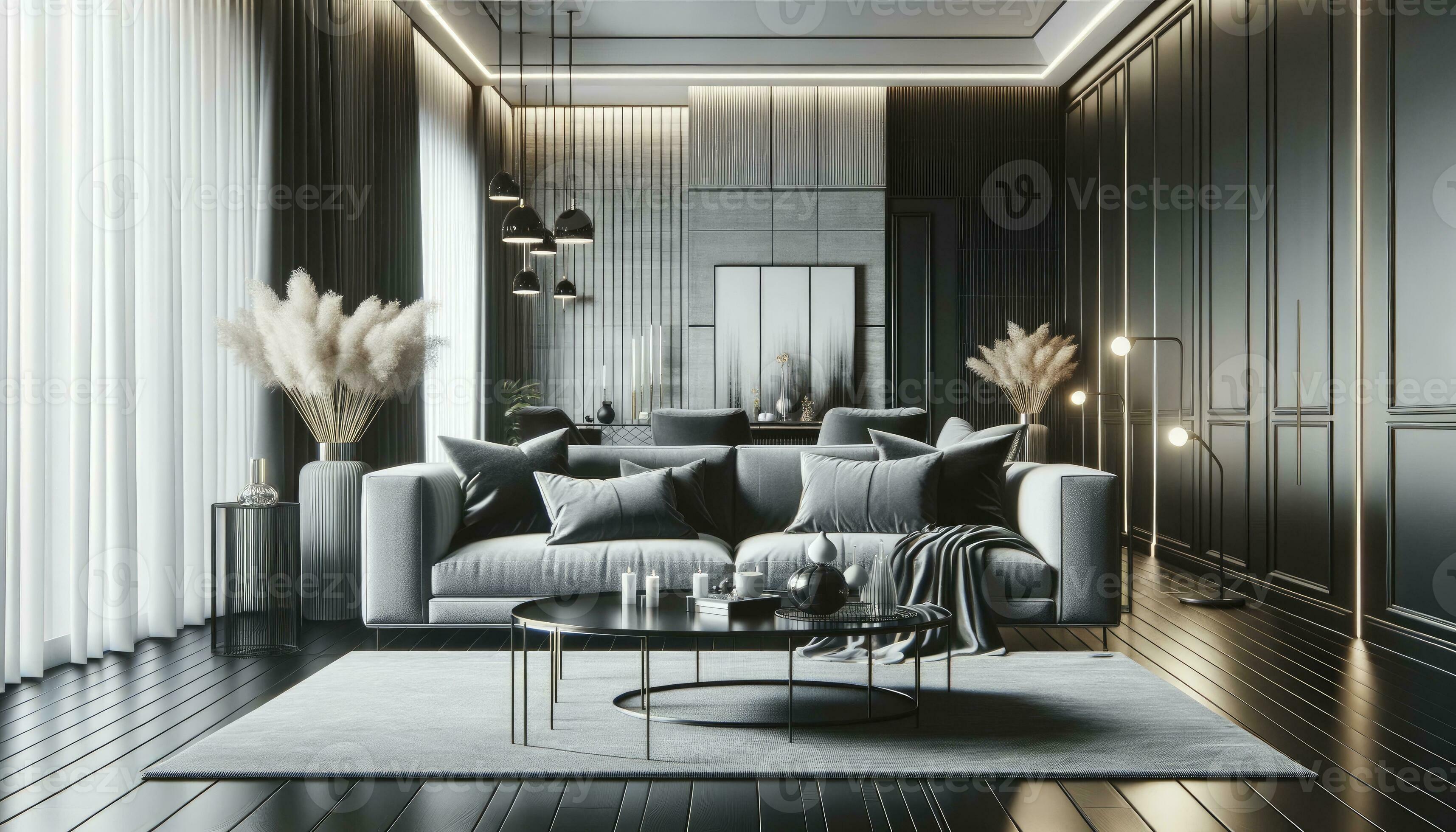 A sleek modern living room interior. The room boasts a stylish sofa ...
