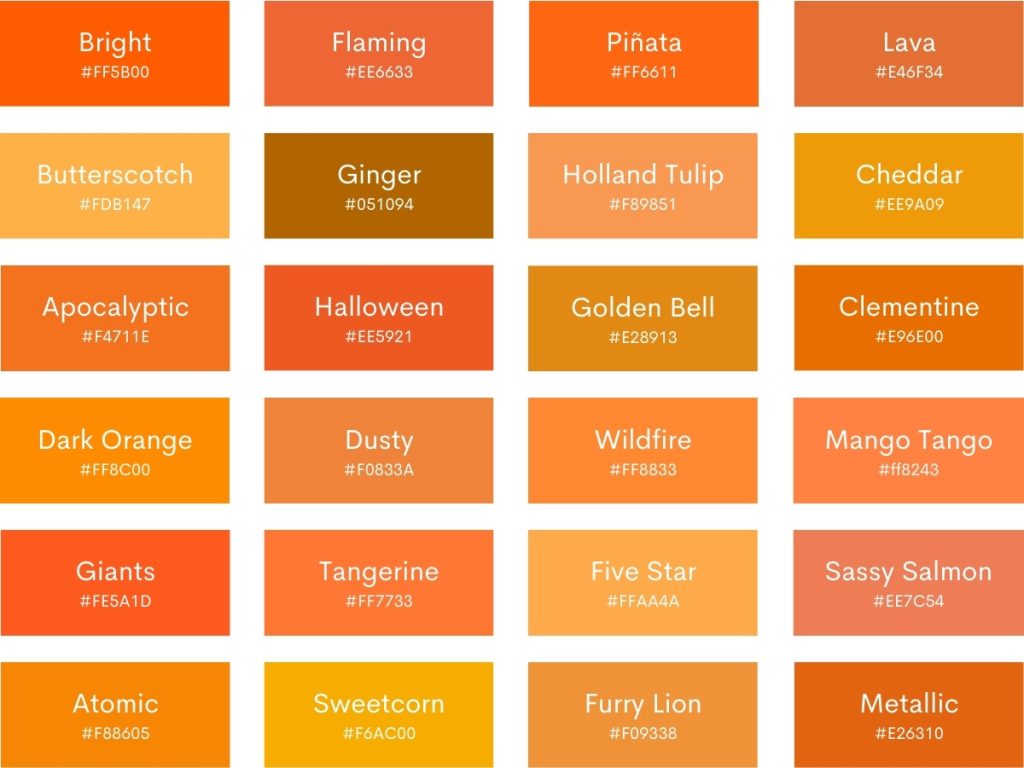 99 Shades of Orange with Names, Hex, RGB, & CMYK