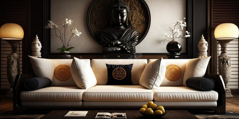 Asian Inspired Modern Living Room Interior Stock Illustration ...