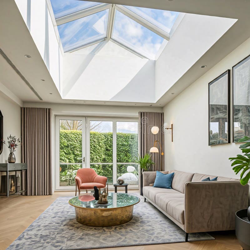 Bright Living Room with Skylight and Modern Decor Stock Illustration ...