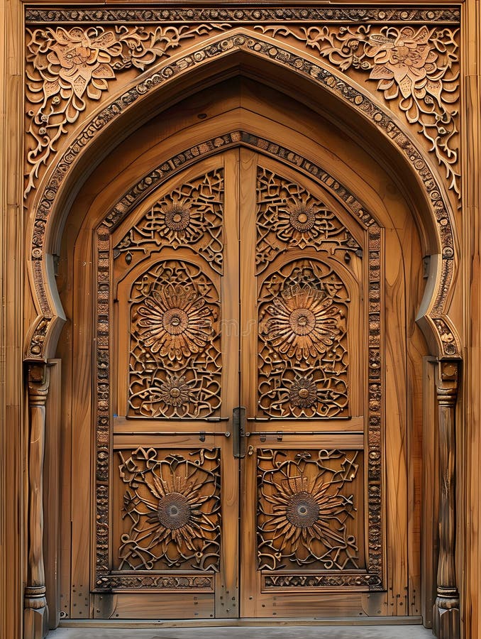 Grand Entrance: Ornate Wooden Door with Geometric and Floral Carvings ...