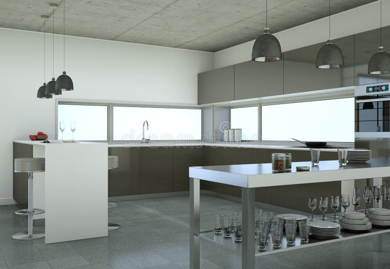 Grey Modern Kitchen in a Loft with Beautiful Design Stock Illustration ...