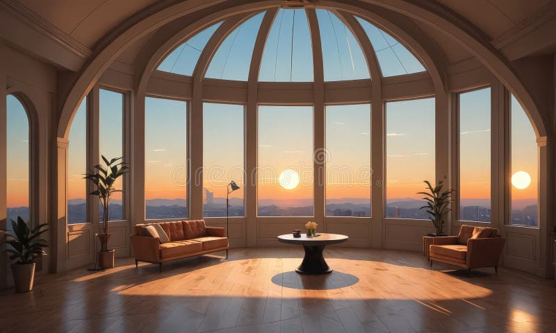Luxurious Living Room with Large Arched Window, Wooden Floor, and Two ...