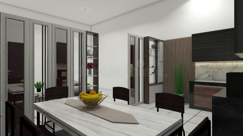 Industrial Dining Room Design with Kitchen Area and Divider Partition ...