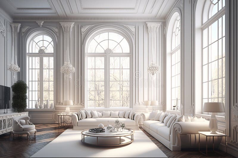 Large, Bright, Luxurious Living Room with Large Windows, 3D Rendering ...