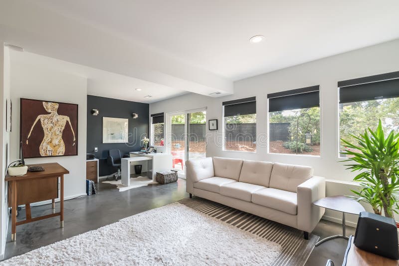 Living Room Modern Interior Tile Floor and Black Accent Wall Stock ...