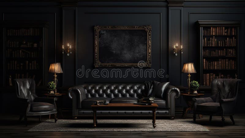 Luxury Black Leather Sofa in Classic Interior. 3d Render. Home Library ...
