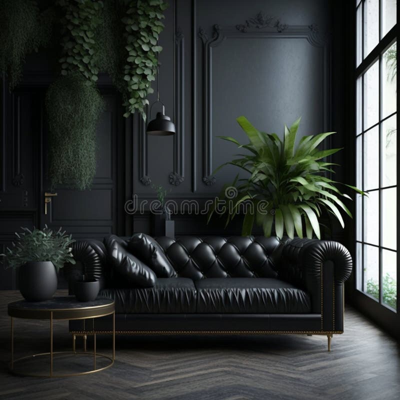 Minimal Black Living Room Interior Featuring Leather Sofa. Generative ...