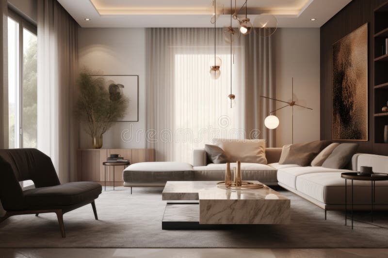 Modern Neutral-Toned Living Room Stock Photo - Image of panel, ceramic ...