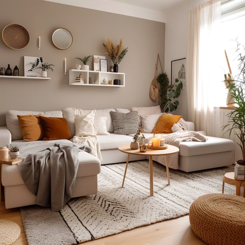 Scandinavian Hygge Home Interior Design of Modern Living Room. AI Stock ...