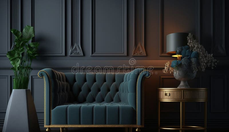 Stylish Dark Living Room Interior Background, Black Wall, Scandinavian ...