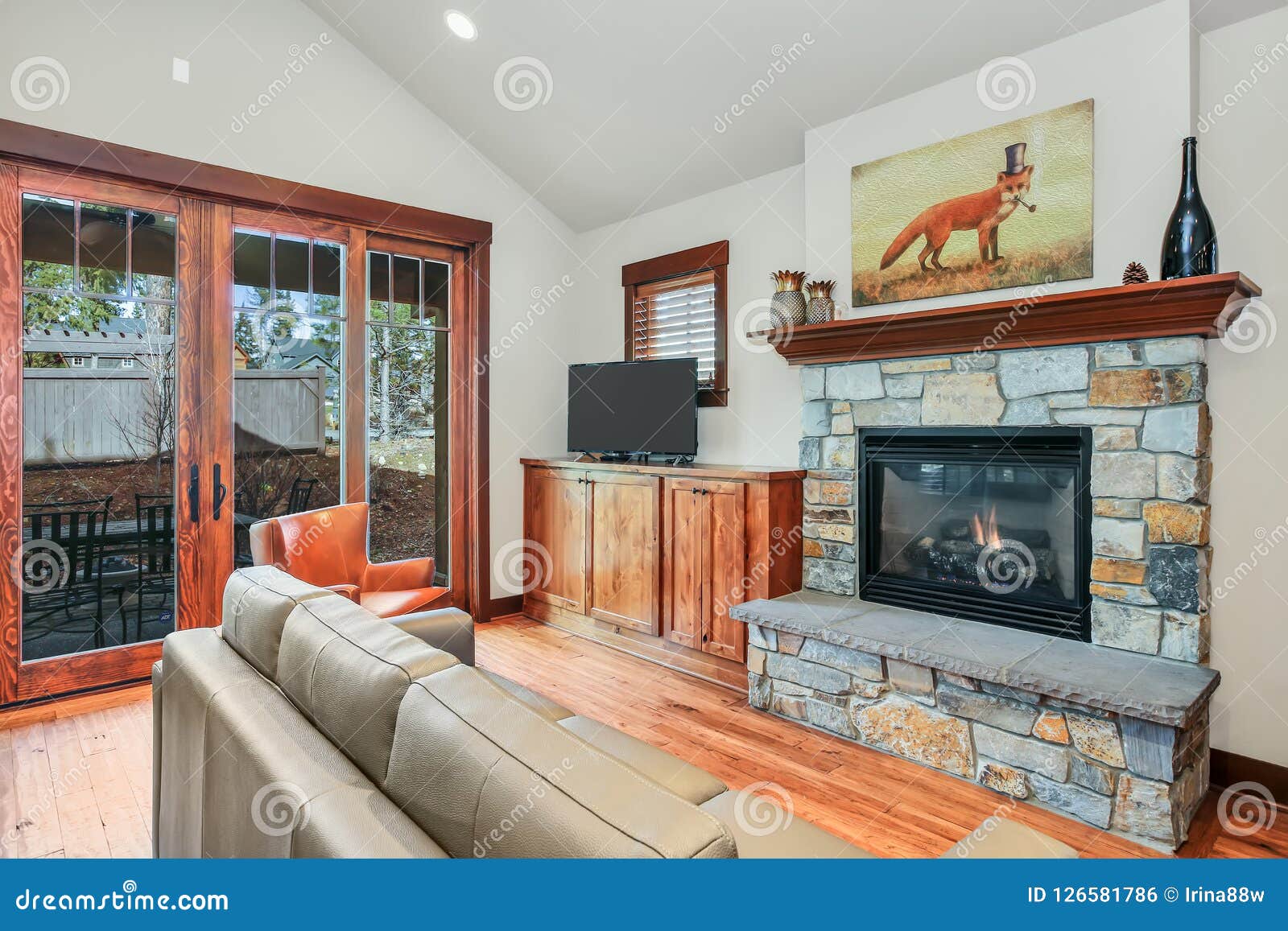 Adorable Living Room Interior with Stone Fireplace. Stock Photo - Image ...