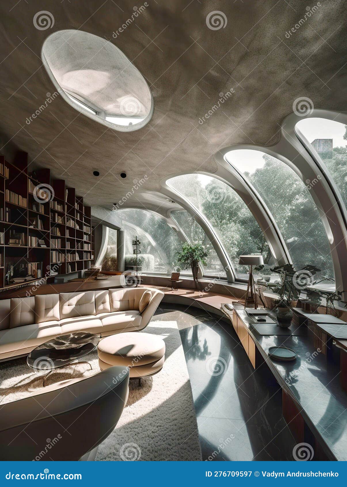 Arched Windows and Beige Sofa in Apartment. Interior Design of Modern ...