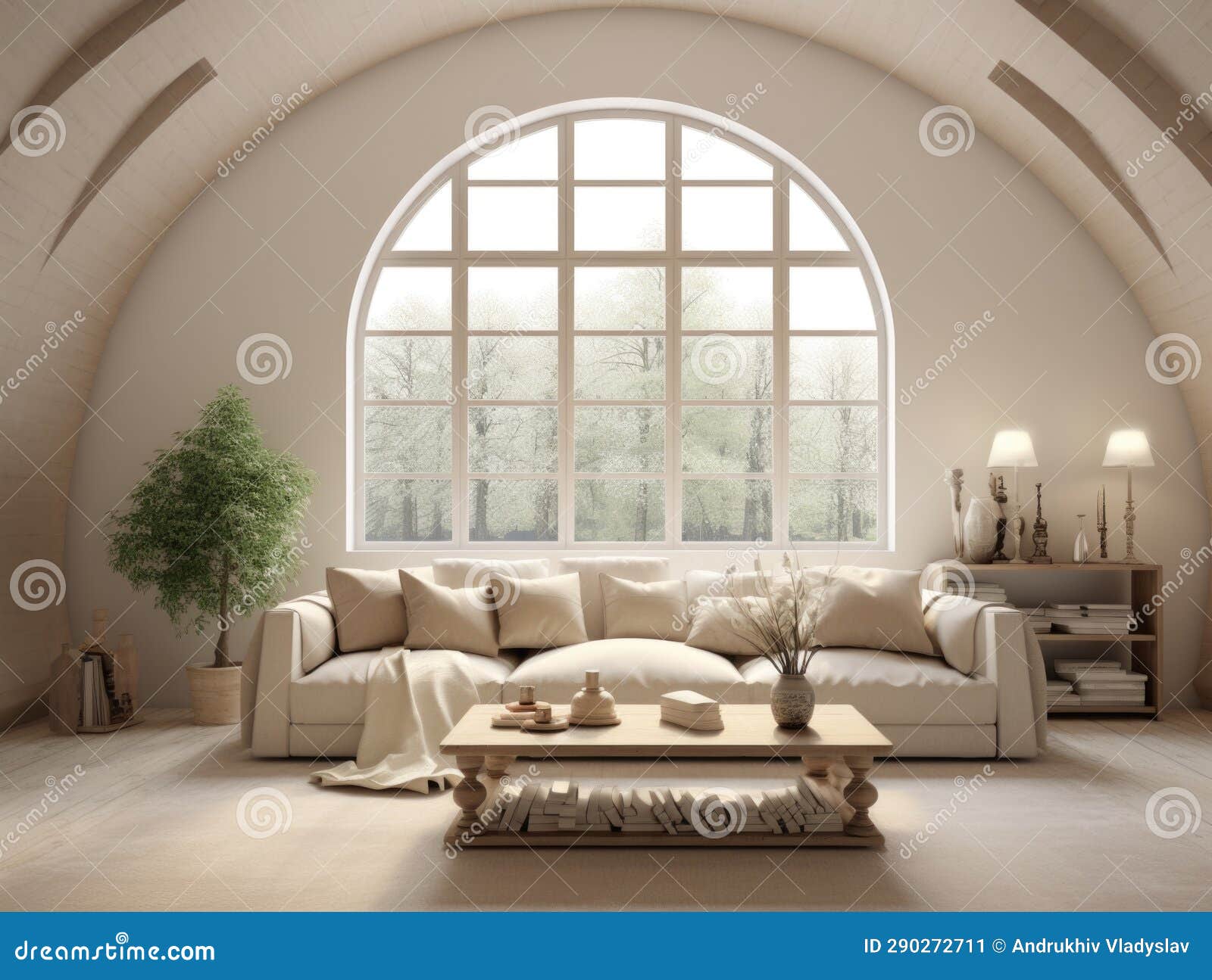 Arched Windows in Room with Beige Wall. Interior Design of Modern ...