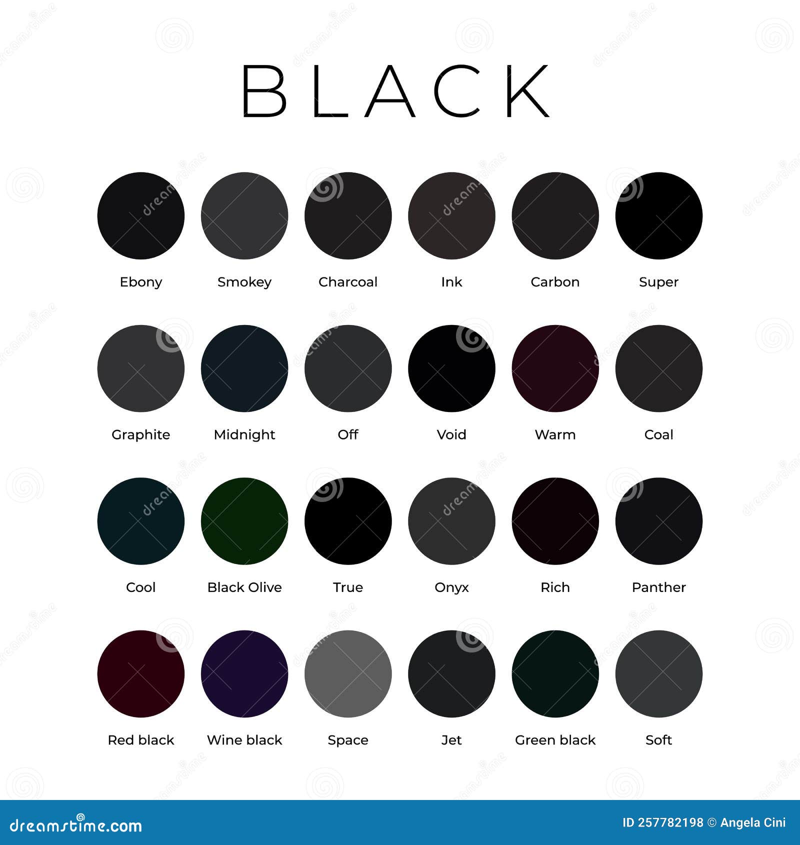 Black Color Shades Swatches Palette with Names Stock Vector ...