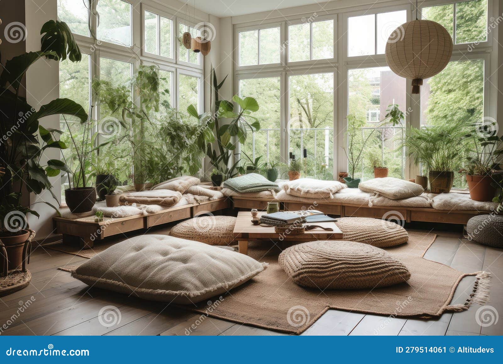 Cozy Living Room with Floor Cushions and Low Table, Surrounded by ...