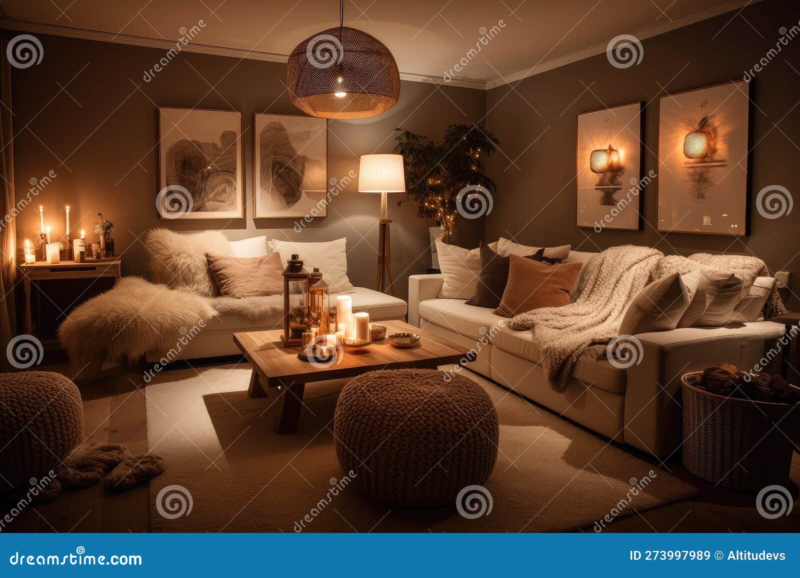 Cozy Living Room, with Warm Lighting and Soft Furnishings, Creating and ...