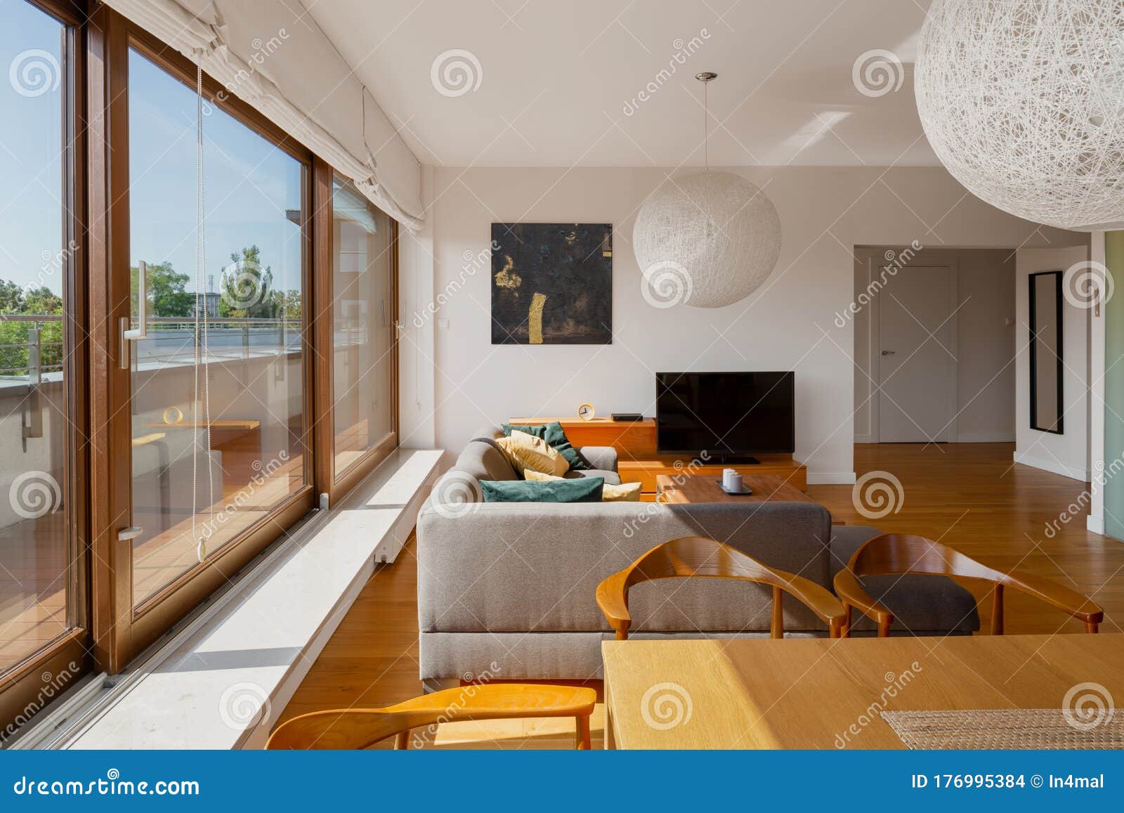 Living Room with Big Windows Stock Photo - Image of furniture, dwelling ...