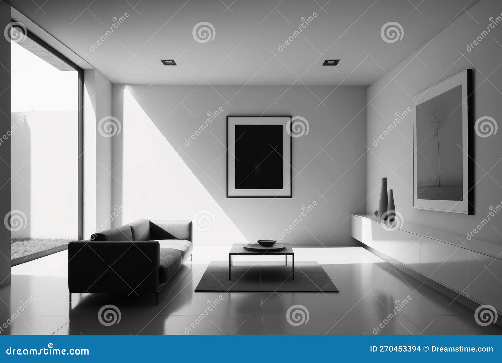 Minimalist Living Room in Black and White Stock Photo - Image of sofa ...