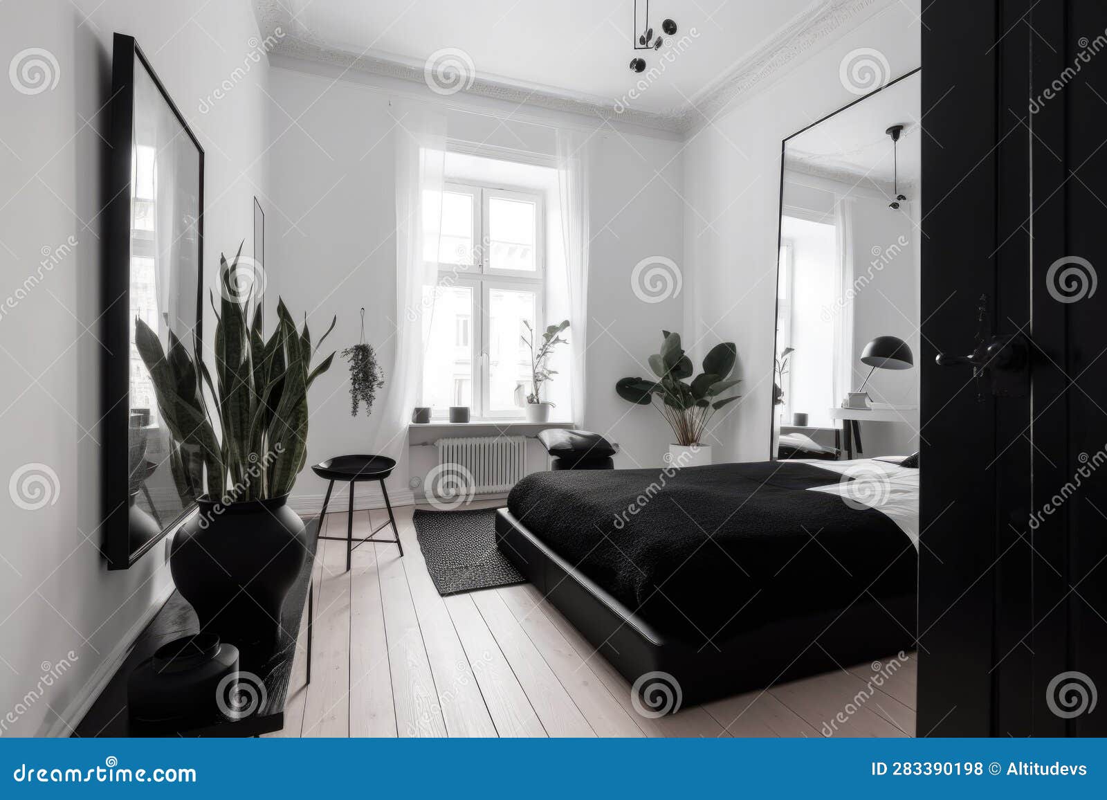 Minimalist Room, with White Walls and Black Accents, Ready for a ...