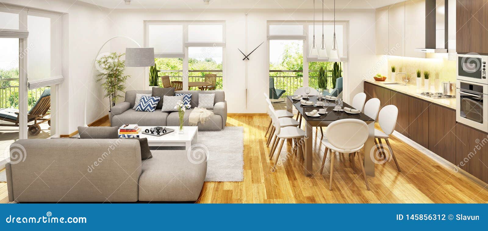 Modern Kitchen and Living Room with Large Windows Stock Photo - Image ...