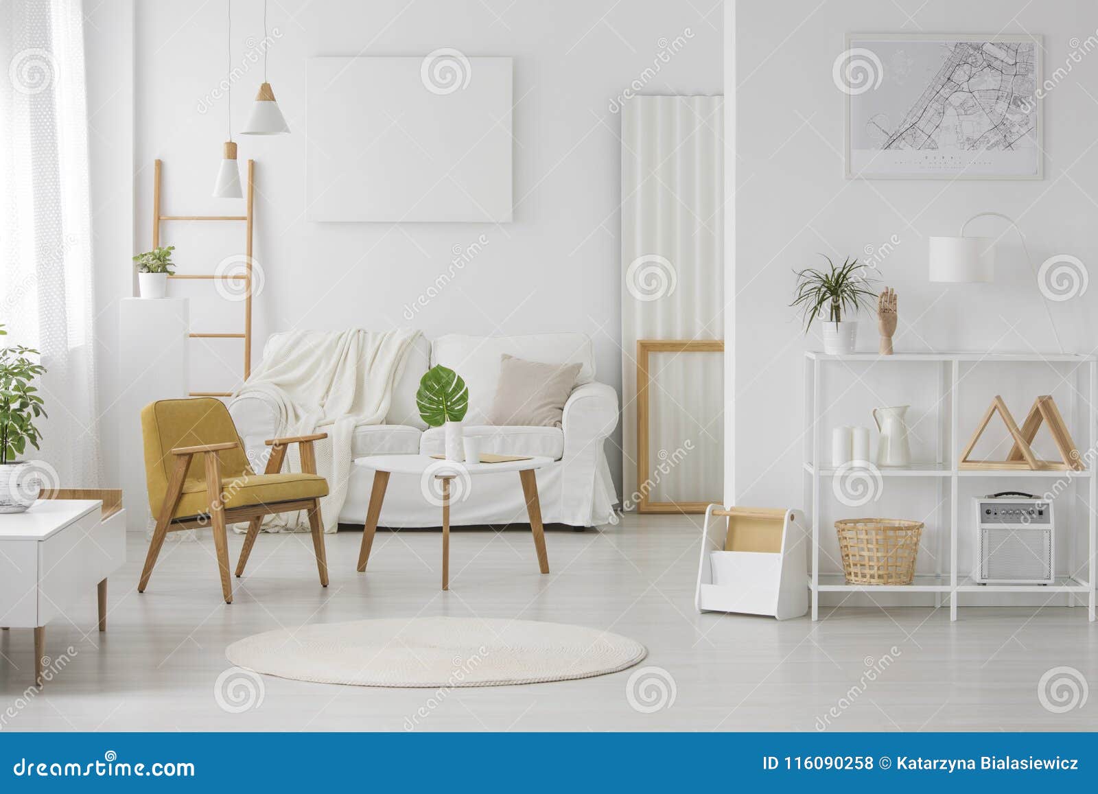 Spacious, White Living Room Interior Stock Photo - Image of shelves ...
