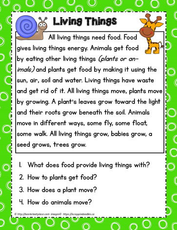 Living Things Comprehension Worksheets