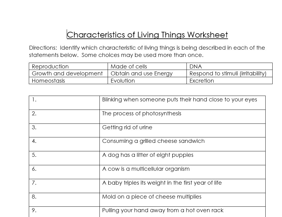 Characteristics of Living Things - Worksheet | Distance Learning ...