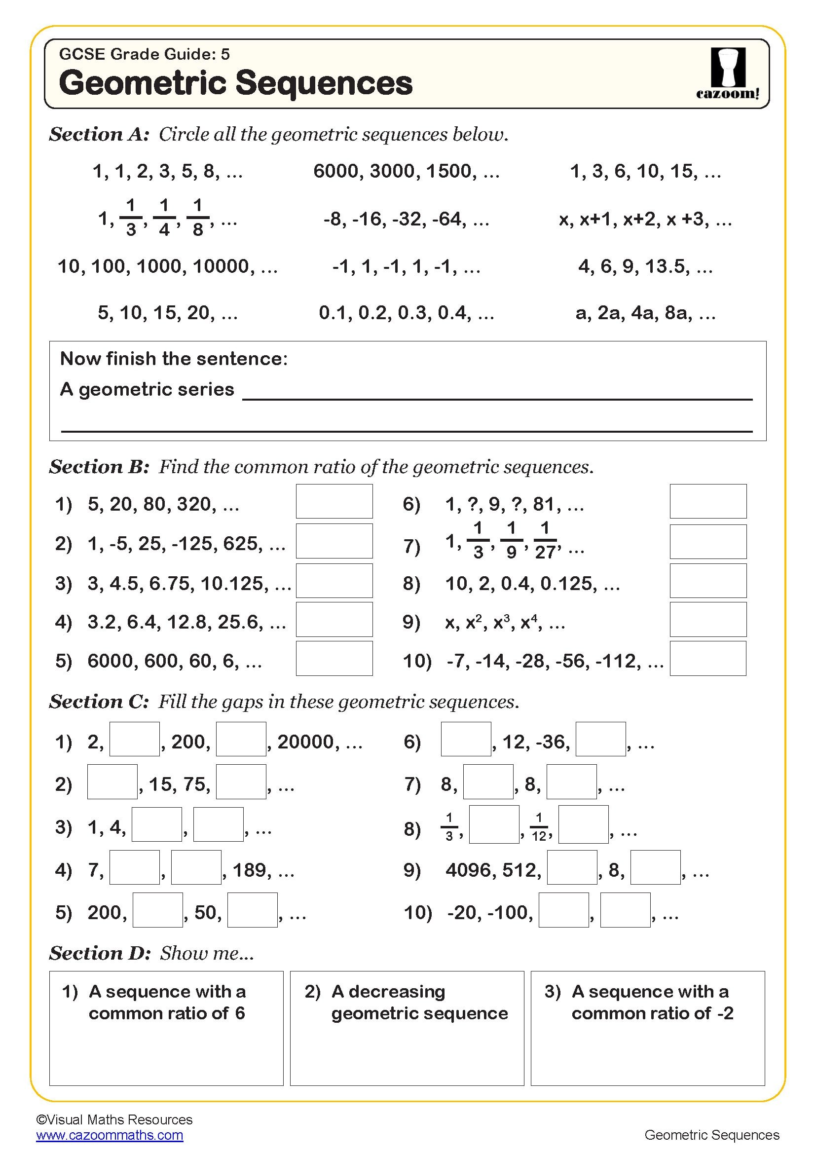 Geometric Sequence Worksheets Sequences Determine Nth