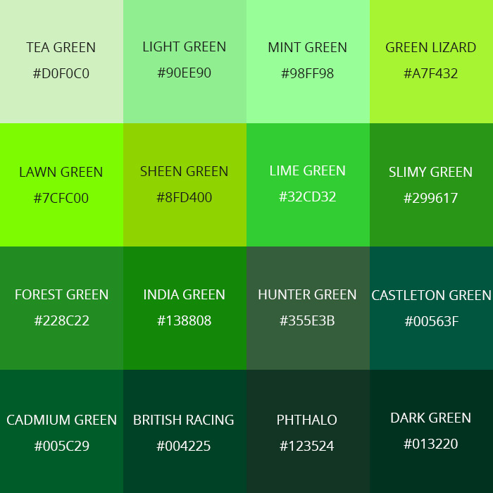 99 Shades of Green Color with Names, HEX, RGB, & CMYK