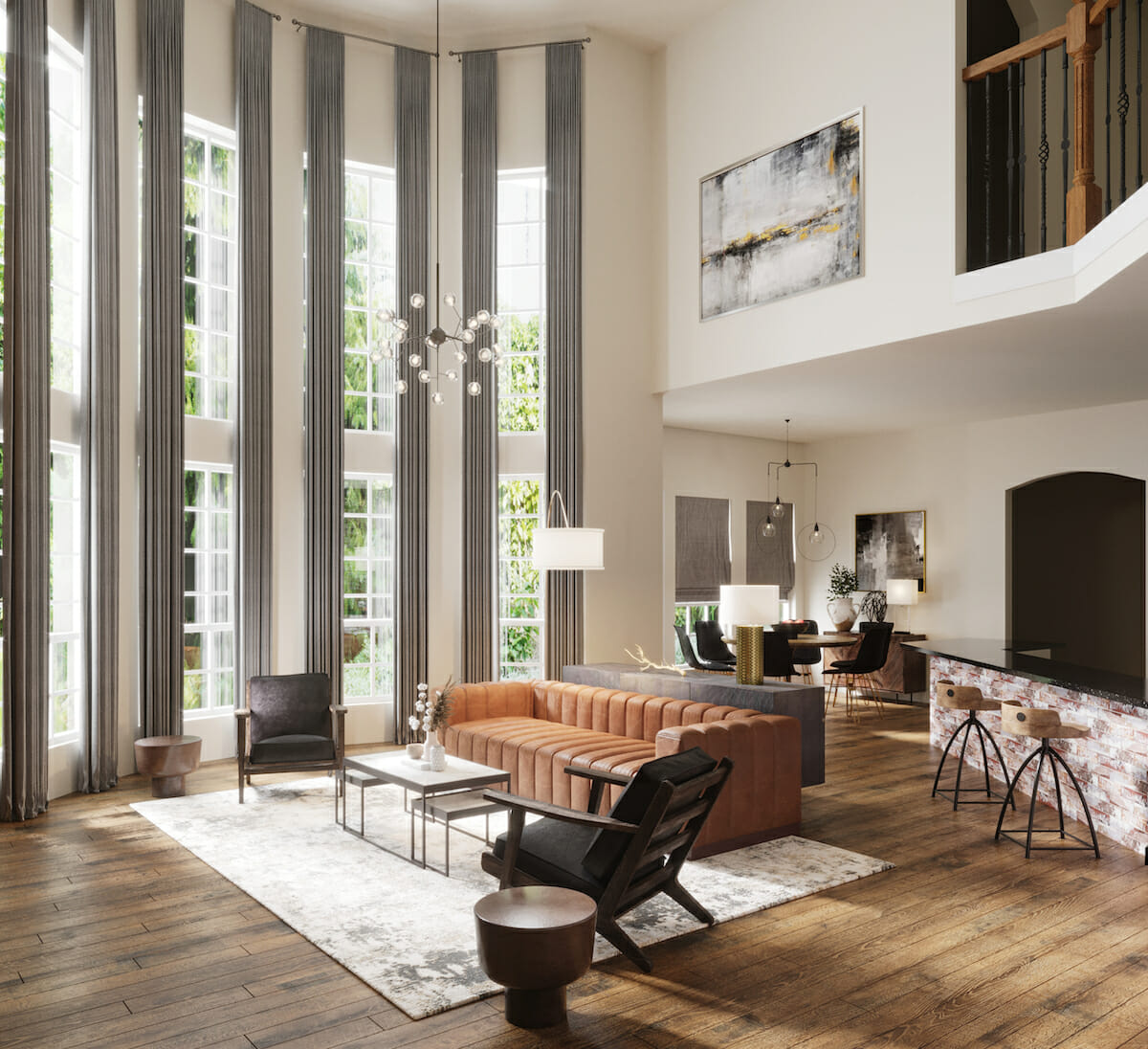 Before & After: Contemporary High Ceiling Living Room - Decorilla ...